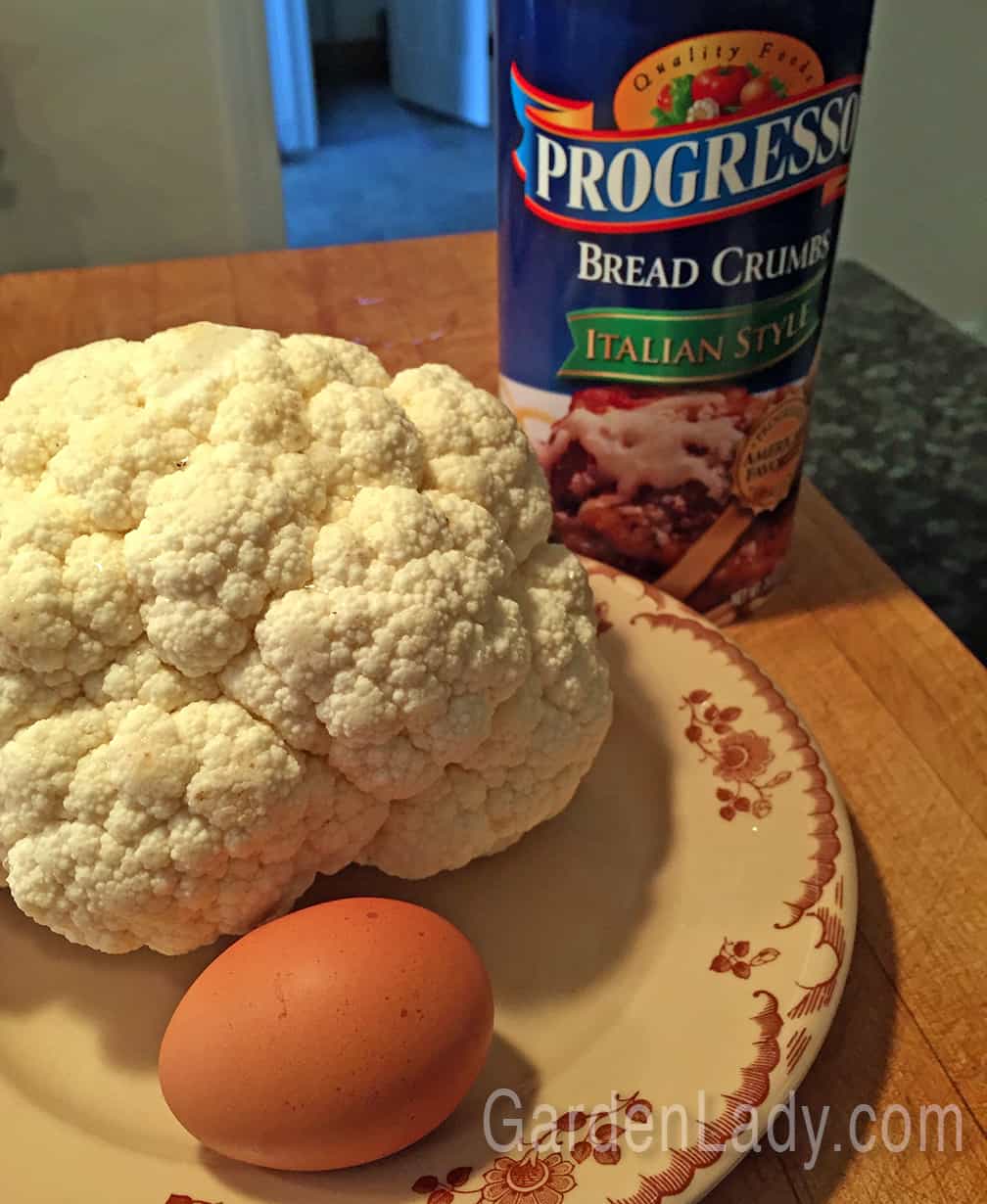 One head of cauliflower, one egg, and bread crumbs. Simple. I used Italian flavored bread crumbs, but you could use plain or panko style as well. 