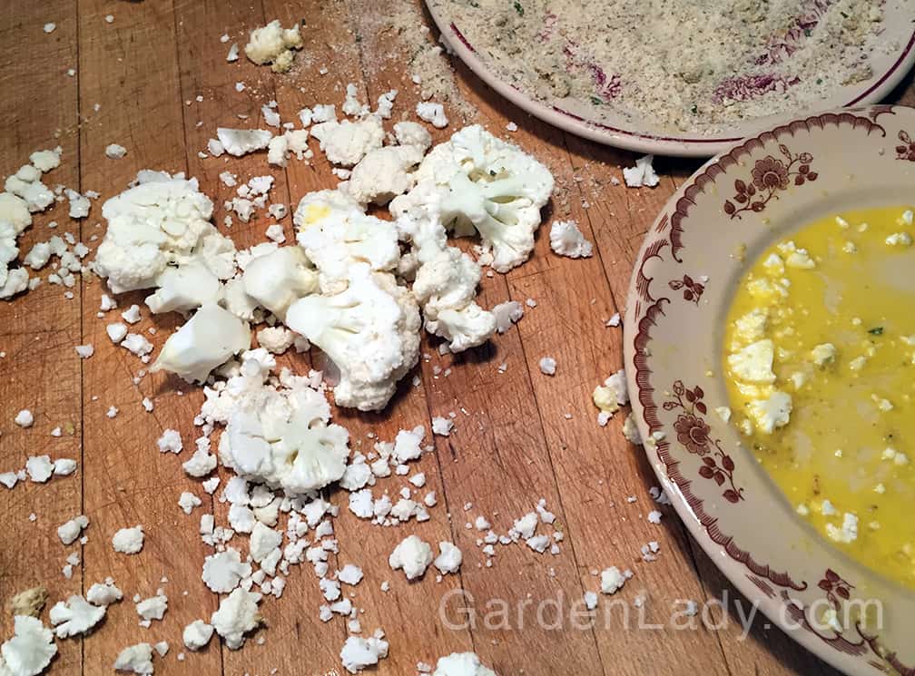 Full disclosure! This is kind of a messy thing to cook...you'll have cauliflower crumbs that you can put in your stock pot, or toss into a salad or other dish.  You could also take the leftover egg and add it to another beaten egg for an omelette. 
