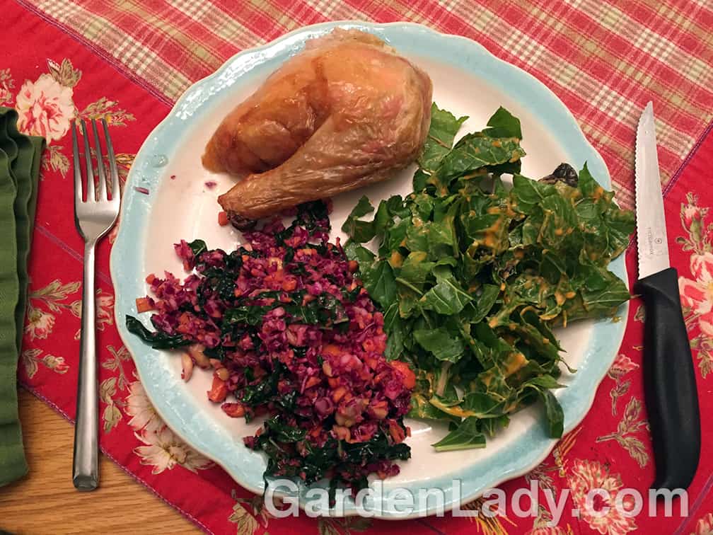 Serve your December garden greens salad and the winter cabbage/carrot/kale slaw with the protein of your choice. Whether you use a cheese, tofu, fish, chicken or meat dish, these fresh, tasty veggies remain the star of the show. 