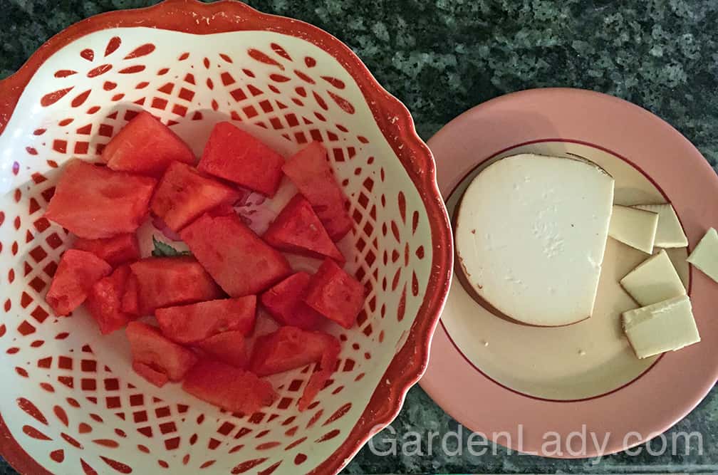 The  sweet, fresh, juicy crunch of the watermelon contrasts perfectly with the smoky, creamy gouda cheese.