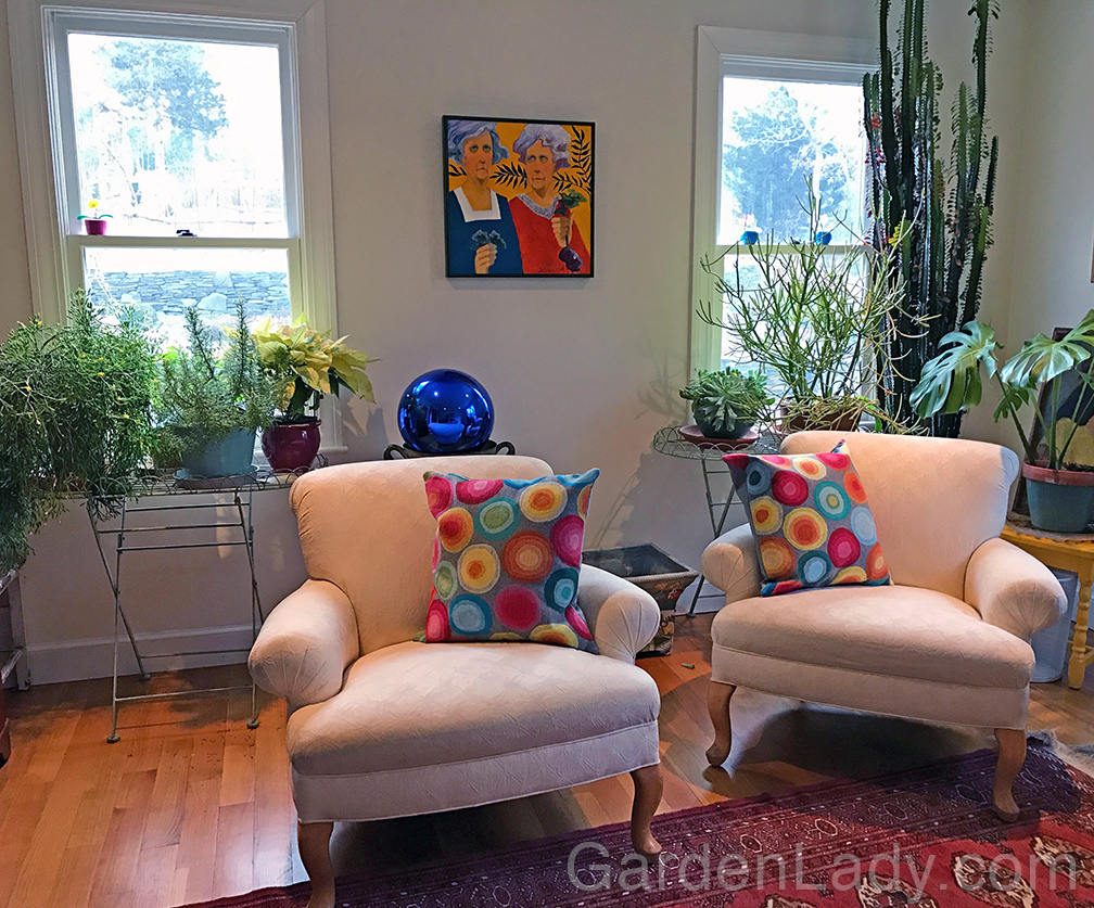 I took the color palette for this room from the painting by DE Weed. My mother bought this for me, knowing that I'd like the garden theme. She loved the humor in the title, "I Don't Give A Damn If It's Not Organic." But the colorful room is made more pleasant and cheerful by the plants.