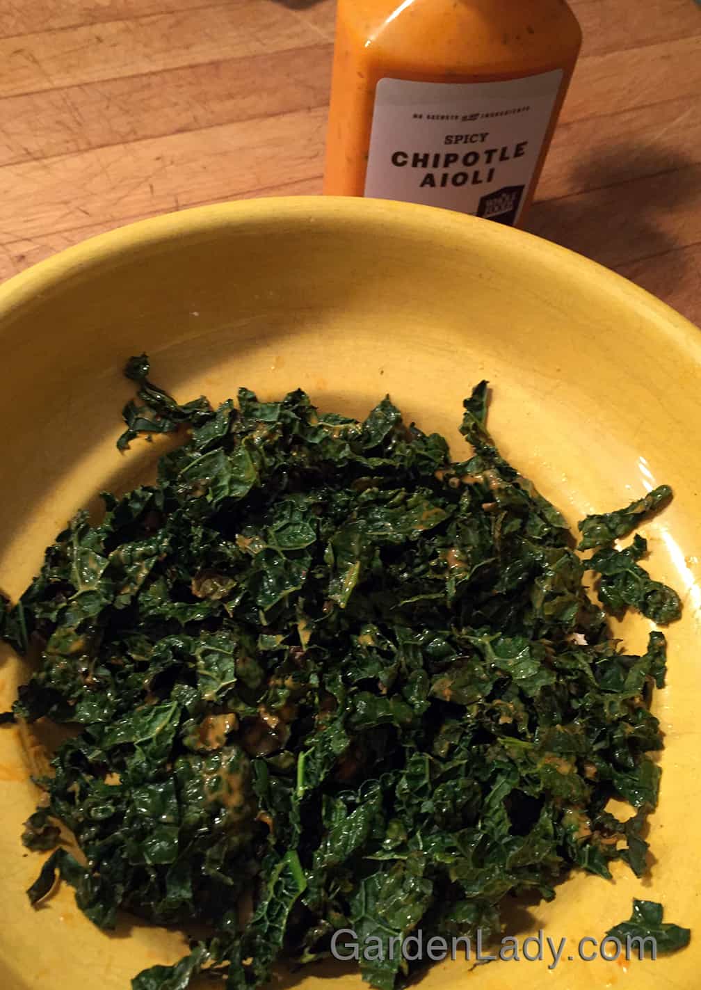Toss with the dressing of your choice but be sure not to use too much. You want the dressing to slightly moisten the kale, and to add flavor, but not to overwhelm it.