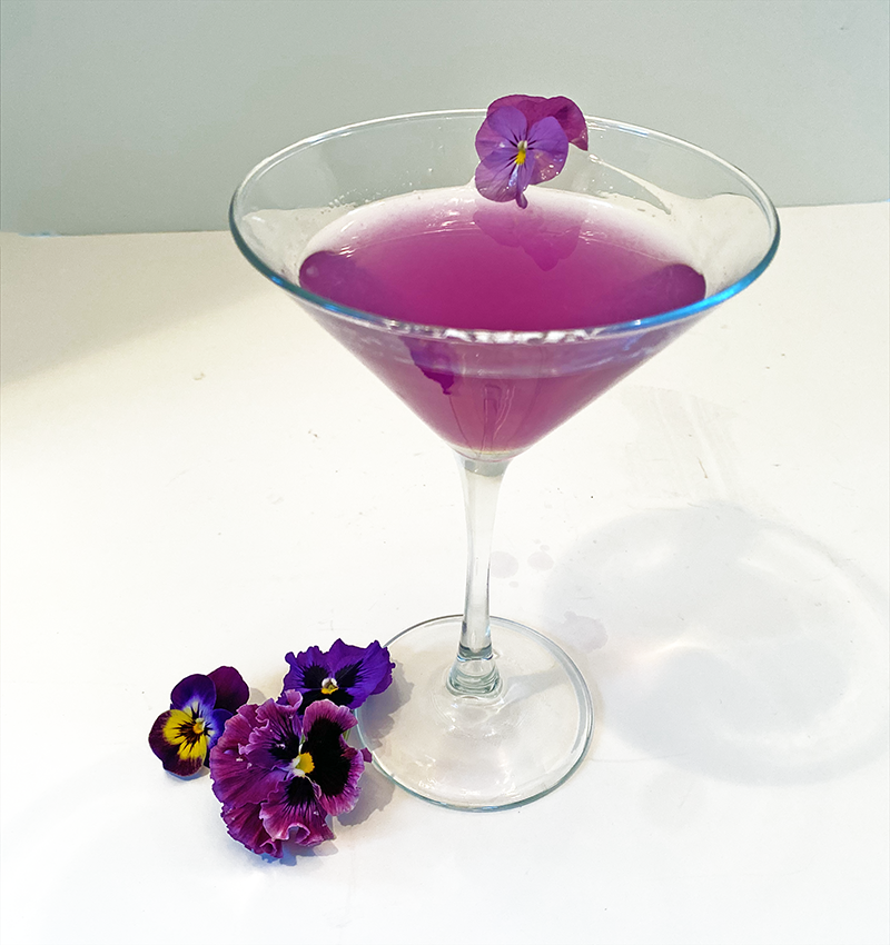 Pansies are edible and perfect for salads, or garnishes on food or beverages. Here, a violet colored cocktail was made with Empress Gin, and garnished with a Viola flower.